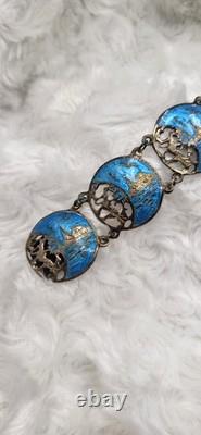 Vintage Sterling Silver Siam Dancing Goddess Blue Enamel Bracelet Sun Mekala 7