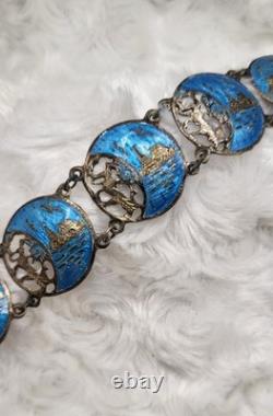 Vintage Sterling Silver Siam Dancing Goddess Blue Enamel Bracelet Sun Mekala 7