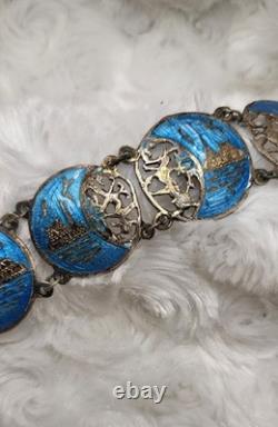 Vintage Sterling Silver Siam Dancing Goddess Blue Enamel Bracelet Sun Mekala 7