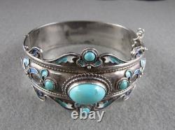 Vintage Sterling Silver Turquoise Enameled Hinged Cuff Bracelet 7-1/2