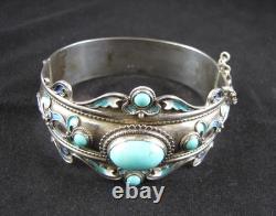 Vintage Sterling Silver Turquoise Enameled Hinged Cuff Bracelet 7-1/2