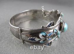 Vintage Sterling Silver Turquoise Enameled Hinged Cuff Bracelet 7-1/2