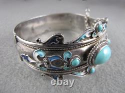 Vintage Sterling Silver Turquoise Enameled Hinged Cuff Bracelet 7-1/2