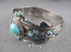 Vintage Sterling Silver Turquoise Enameled Hinged Cuff Bracelet 7-1/2