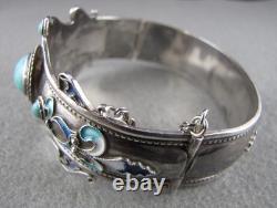 Vintage Sterling Silver Turquoise Enameled Hinged Cuff Bracelet 7-1/2