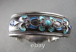 Vintage Sterling Silver Turquoise Enameled Hinged Cuff Bracelet 7-1/2