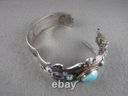 Vintage Sterling Silver Turquoise Enameled Hinged Cuff Bracelet 7-1/2