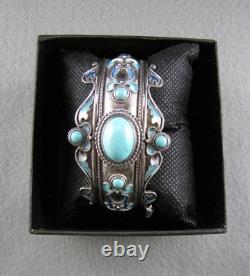Vintage Sterling Silver Turquoise Enameled Hinged Cuff Bracelet 7-1/2