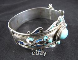 Vintage Sterling Silver Turquoise Enameled Hinged Cuff Bracelet 7-1/2
