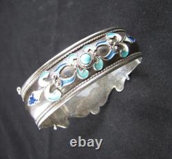 Vintage Sterling Silver Turquoise Enameled Hinged Cuff Bracelet 7-1/2
