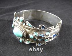 Vintage Sterling Silver Turquoise Enameled Hinged Cuff Bracelet 7-1/2