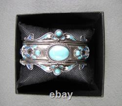 Vintage Sterling Silver Turquoise Enameled Hinged Cuff Bracelet 7-1/2