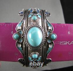 Vintage Sterling Silver Turquoise Enameled Hinged Cuff Bracelet 7-1/2