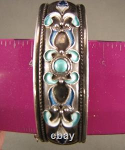 Vintage Sterling Silver Turquoise Enameled Hinged Cuff Bracelet 7-1/2