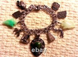 Vintage Sterling Silver Western Charm Bracelet & Charms, 7.50, Turquoise 55gr