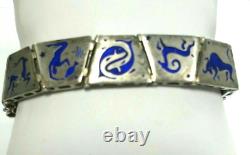 Vintage Sterling Silver Zodiac 12 Signs Blue Enamel Bracelet Signed Uno A Erre