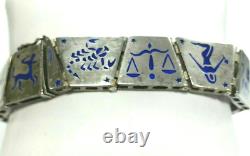 Vintage Sterling Silver Zodiac 12 Signs Blue Enamel Bracelet Signed Uno A Erre