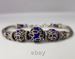 Vintage Thai Handmade Rope Chain Bead Bracelet Sterling Silver Blue Enamel 19cm