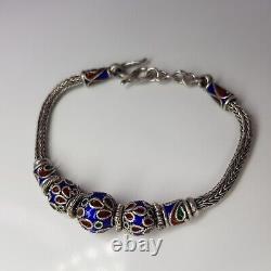 Vintage Thai Handmade Rope Chain Bead Bracelet Sterling Silver Blue Enamel 19cm