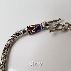 Vintage Thai Handmade Rope Chain Bead Bracelet Sterling Silver Blue Enamel 19cm