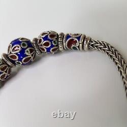 Vintage Thai Handmade Rope Chain Bead Bracelet Sterling Silver Blue Enamel 19cm