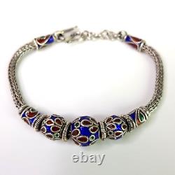 Vintage Thai Handmade Rope Chain Bead Bracelet Sterling Silver Blue Enamel 19cm