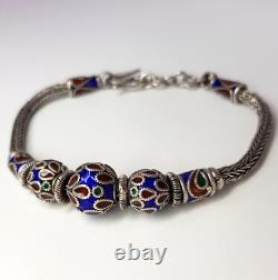 Vintage Thai Handmade Rope Chain Bead Bracelet Sterling Silver Blue Enamel 19cm