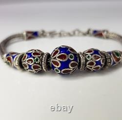 Vintage Thai Handmade Rope Chain Bead Bracelet Sterling Silver Blue Enamel 19cm