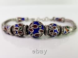 Vintage Thai Handmade Rope Chain Bead Bracelet Sterling Silver Blue Enamel 19cm