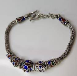 Vintage Thai Handmade Rope Chain Bead Bracelet Sterling Silver Blue Enamel 19cm