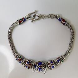 Vintage Thai Handmade Rope Chain Bead Bracelet Sterling Silver Blue Enamel 19cm