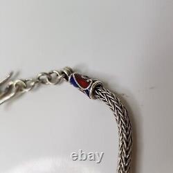 Vintage Thai Handmade Rope Chain Bead Bracelet Sterling Silver Blue Enamel 19cm