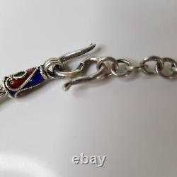 Vintage Thai Handmade Rope Chain Bead Bracelet Sterling Silver Blue Enamel 19cm