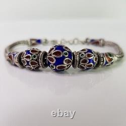 Vintage Thai Handmade Rope Chain Bead Bracelet Sterling Silver Blue Enamel 19cm