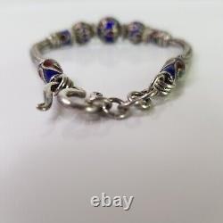 Vintage Thai Handmade Rope Chain Bead Bracelet Sterling Silver Blue Enamel 19cm