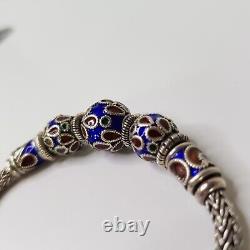 Vintage Thai Handmade Rope Chain Bead Bracelet Sterling Silver Blue Enamel 19cm