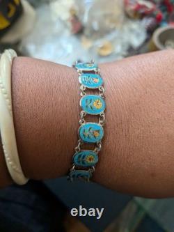 Vintage Thailand Sterling Silver Turquoise Blue Floral Enamel Link Bracelet 6.5