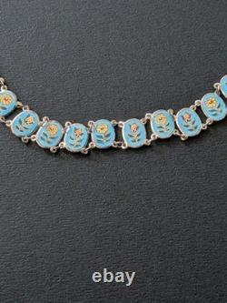 Vintage Thailand Sterling Silver Turquoise Blue Floral Enamel Link Bracelet 6.5