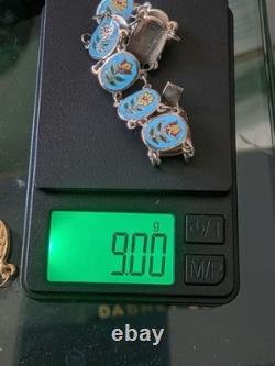 Vintage Thailand Sterling Silver Turquoise Blue Floral Enamel Link Bracelet 6.5