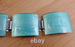 Vintage Thune Norway Sterling Silver Aqua Blue Enamel Viking Ship Bracelet #110