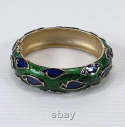 Vintage Trifari Signed Boucher Blue Green Enamel Bracelet Cuff Bangle