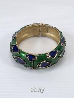 Vintage Trifari Signed Boucher Blue Green Enamel Bracelet Cuff Bangle