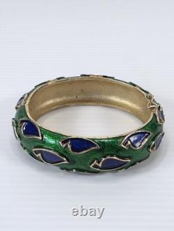 Vintage Trifari Signed Boucher Blue Green Enamel Bracelet Cuff Bangle