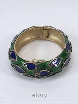 Vintage Trifari Signed Boucher Blue Green Enamel Bracelet Cuff Bangle