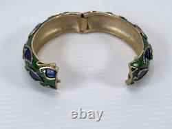 Vintage Trifari Signed Boucher Blue Green Enamel Bracelet Cuff Bangle