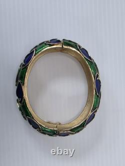 Vintage Trifari Signed Boucher Blue Green Enamel Bracelet Cuff Bangle