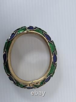 Vintage Trifari Signed Boucher Blue Green Enamel Bracelet Cuff Bangle