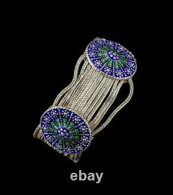 Vintage Turkish Sterling Silver Blue Enamel Medallion and Multi Chain Bracelet