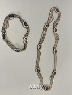 Vintage Turkish Sterling Silver Silver Blue Enamel 4 Strand Necklace & Bracelet