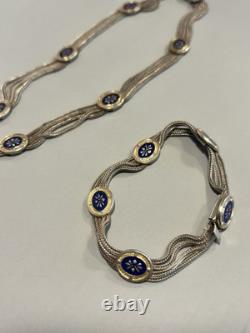 Vintage Turkish Sterling Silver Silver Blue Enamel 4 Strand Necklace & Bracelet